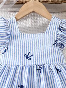 夏季新款女婴无袖背带连衣裙，清新蓝白条纹蝴蝶结设计，舒适休闲幼儿夏季连衣裙 - 藍色 - 查看 4