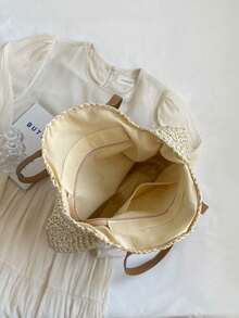 Bolso tejido clásico, bolso de playa redondo para mujer, bolso de paja para mujer, bolso bandolera, bolso de mano para mujer, esencial de playa, artículos de playa, equipo de playa y - Blanco - Ver 5