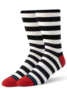 2 Pairs Unisex Black & White Striped Mid-Calf Socks, Fashion Casual Socks, Couple/Streetwear/Sports/Basketball Socks - Multicolor - View 2