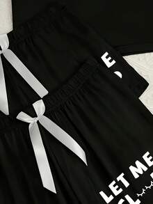 LET ME SLEEP Letter Print Sleepwear Women's Lightweight Breathable Three-Piece Set: Short Sleeve T-Shirt + Shorts + Pants Home Casual Sleepwear Set - 黑色 - 查看 4