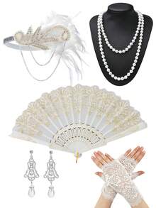 5Pcs D EXCEED 20s-50s Tea Party Ball Costume Accessories Set, Flapper Headband, Vintage Earrings, Faux Pearl Necklace, Hand Fan, Lace Gloves - For Opera,1920s Party Tea Party Cosplay Weddings Church Stage Performance Decorations Friendship Gifts - Multicolor - View 11
