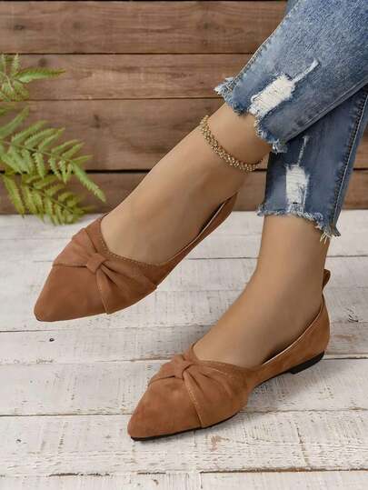 Women's Brown Minimalist Flat Shoes With Pleated Toe, Elegant Style, Outdoors In Summer, Faux Suede