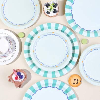 10pcs/20pcs/40pcs/50pcs,Summer Blue Striped West Coast 9-Inch And 7-Inch Paper Plates | Bachelor Party Decorations, Say Goodbye Bachelor Party, Birthday Party Supplies, Newborn Party, Striped Cake Plates,Mint Green & Light Blue Striped Disposable Paper Plates - Scalloped Edge With Star Accents For Spring Brunch, Boys Birthday, Baby Shower & Picnic Tableware
