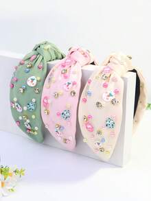 1件装女士复活节胡萝卜兔子水钻彩色珍珠休闲可爱涤纶打结发箍，春季 - 多 - 查看 3