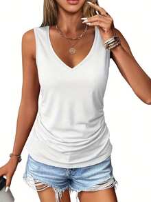 3pcs Women Casual Sleeveless V-Neck Tank Tops - Slim Fit Solid Color Tops (Black/Green/White), Machine Washable, Versatile For All Seasons, Daily Wear, Pleated Design, Comfortable - Black, Green and White - View 5