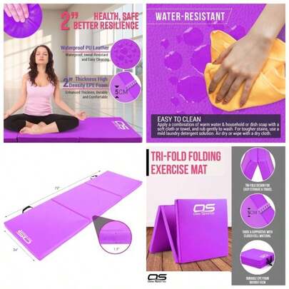 Gymnastic Tumble Exercise U2013 Non Slip PU Leather Surface - High Density Polyether Rebound Inner Material U2013 6FT Long Tri Folding Crash With Carry Handles Gymnastics Yoga Pilates Purple