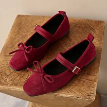 2025 Square Toe Plus Size Ballet Shoes For Women, Mary Jane Soft Bottom Fashion One-Strap Loafers, Suede Super Versatile Comfortable Buckle Shoes - Wine Red Bow - View 9
