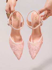 时尚蕾丝刺绣高跟鞋，性感尖头晚宴派对鞋，超高跟踝带鞋，细高跟，粉色女士凉鞋 - 粉色 - 查看 4