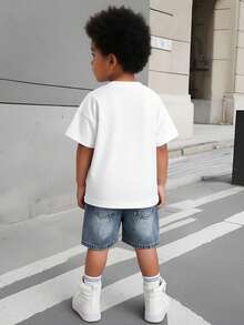 Vintage Washed Light Color Embroidered Adjustable Waist Distressed Denim Shorts For Young Boys - Light Wash - View 3