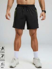 男士运动短裤，速干透气抽绳弹力腰带跑步健身短裤，沙滩篮球裤，适合锻炼、户外和休闲穿着 - 黑色 - 查看 2