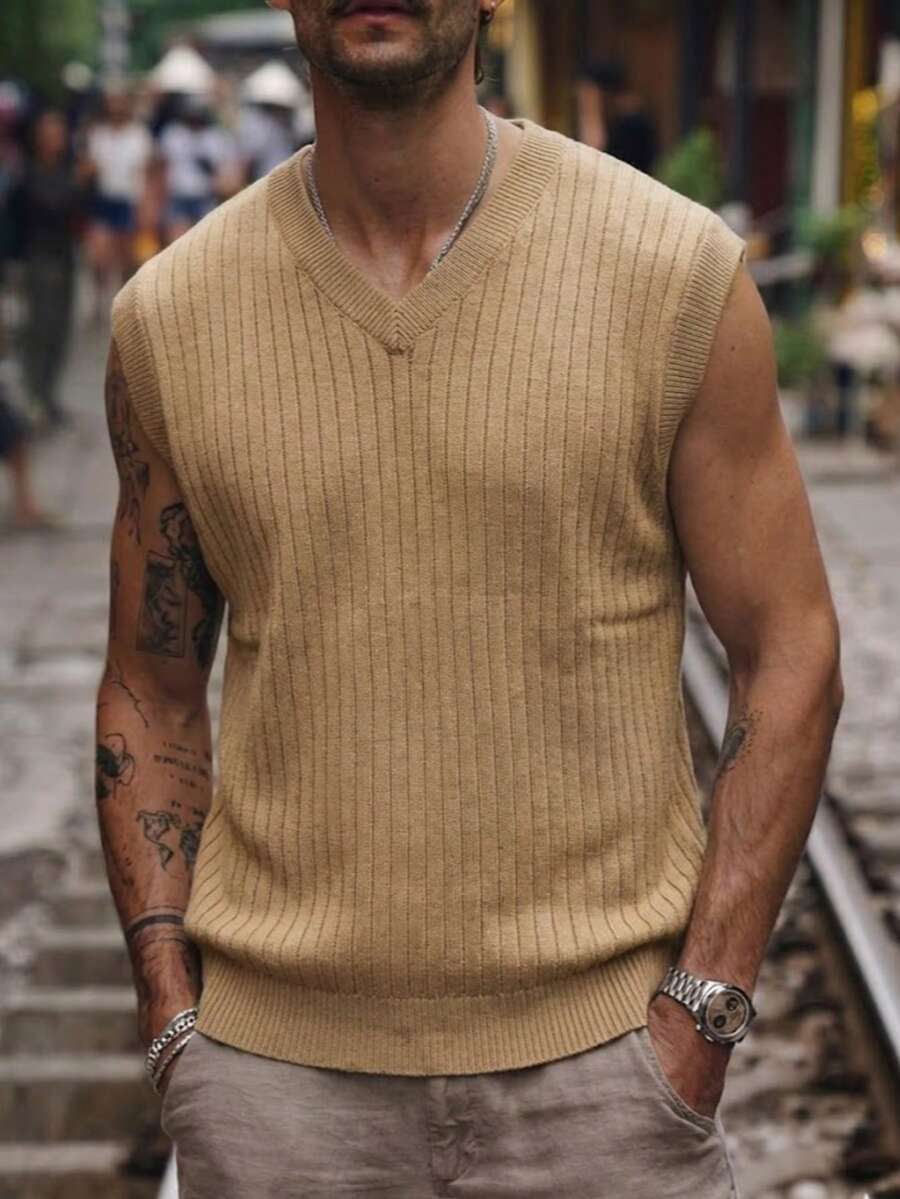 男女通用韩版简约罗纹宽松无袖背心，春夏款 - 黃色 - 查看 1