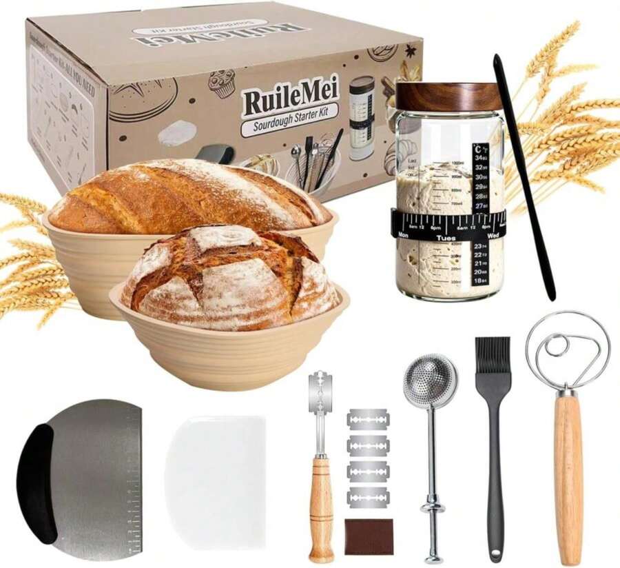 Sourdough Kit, 40oz Sourdough Starter Kit, 2 Silicone Banneton 9 Bread Proofing Baskets,Complete Sourdough Bread Baking Supplies For Beginners,Sourdough Bread Baking Supplies - ColorB - 查看 1