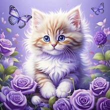 DIY Cute Kitten 5D Diamond Art Kits, Round Full Drill Sparkling Butterflies Diamond Painting Picture, Roses Flowers Painting By NFUmbersss Art Kits For Adults Beginners Home Wall Decor 12x12 Inch - UCGD486 - 查看 1