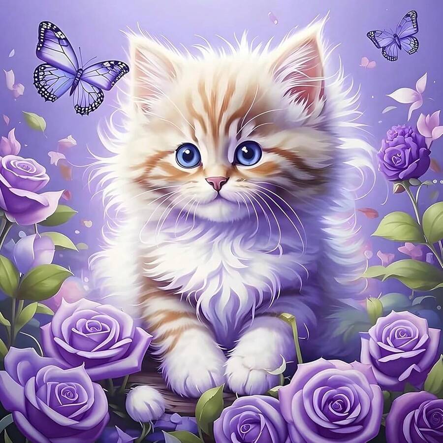 DIY Cute Kitten 5D Diamond Art Kits, Round Full Drill Sparkling Butterflies Diamond Painting Picture, Roses Flowers Painting By NFUmbersss Art Kits For Adults Beginners Home Wall Decor 12x12 Inch - UCGD486 - 查看 1