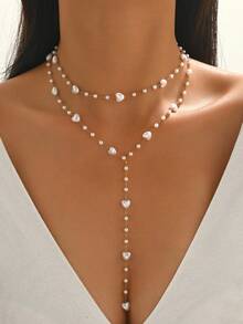 2pcs Heart Shaped Pearl Necklace Beaded Necklace, Stainless Steel Women's Collarbone Chain And Y-Shaped Necklace, Suitable For Women's Daily Wear Or Gifting, Perfect Valentine's Gift - Gold - View 2