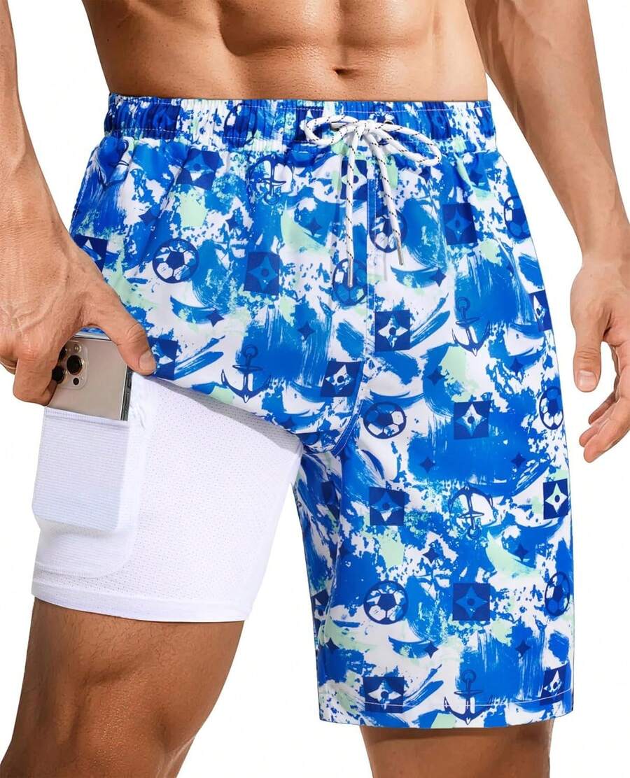 Bañador de hombre de 9 pulgadas: 2 en 1 con forro de compresión, elástico, secado rápido, cordón, bolsillos con diseño de tiburón para playa y piscina. Un regalo de San Valentín HVGG - Estampado batik - Ver 1