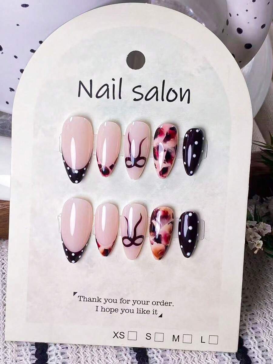 10 Pieces Handmade Almond-Shaped False Nails With Amber Smudge, Brown French Tips, Polka Dots And Bows. Features Hand-Painted Amber Smudge And Brown Bows, Along With Handcrafted Brown French Tips And White Polka Dots. These Elegant, Romantic And Minimalist Press-On Nails Boast A High-End, Sexy And Light-Luxury Style. Perfect For Daily Wear, Dates, Concerts And Light Business Occasions, They Make An Excellent Gift For Women And Girls. - Multicolor - View 1