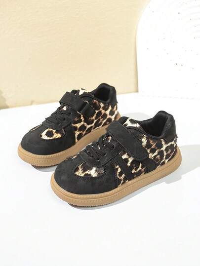 1 Pair Kids' Leopard Print Sports Shoes, Convenient Hook And Loop Closure, Soft Sole Fashion Children's Shoes, Suitable For Outdoor, School, Casual, Travel