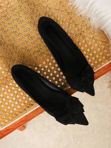 Women's Fashion Pointed Toe Black Bow Slip-On Casual Flat Shoes, Spring/Summer - Black - View 6