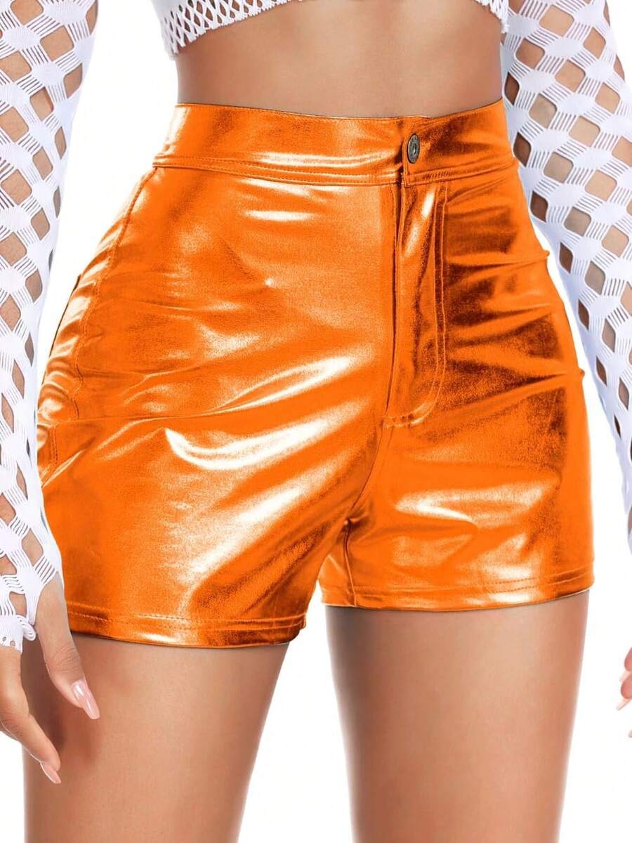 Booty Shorts, Faux Leather Rave Pants, High Waisted Plus SizeA Valentine's Day RAUM - Orange - View 1