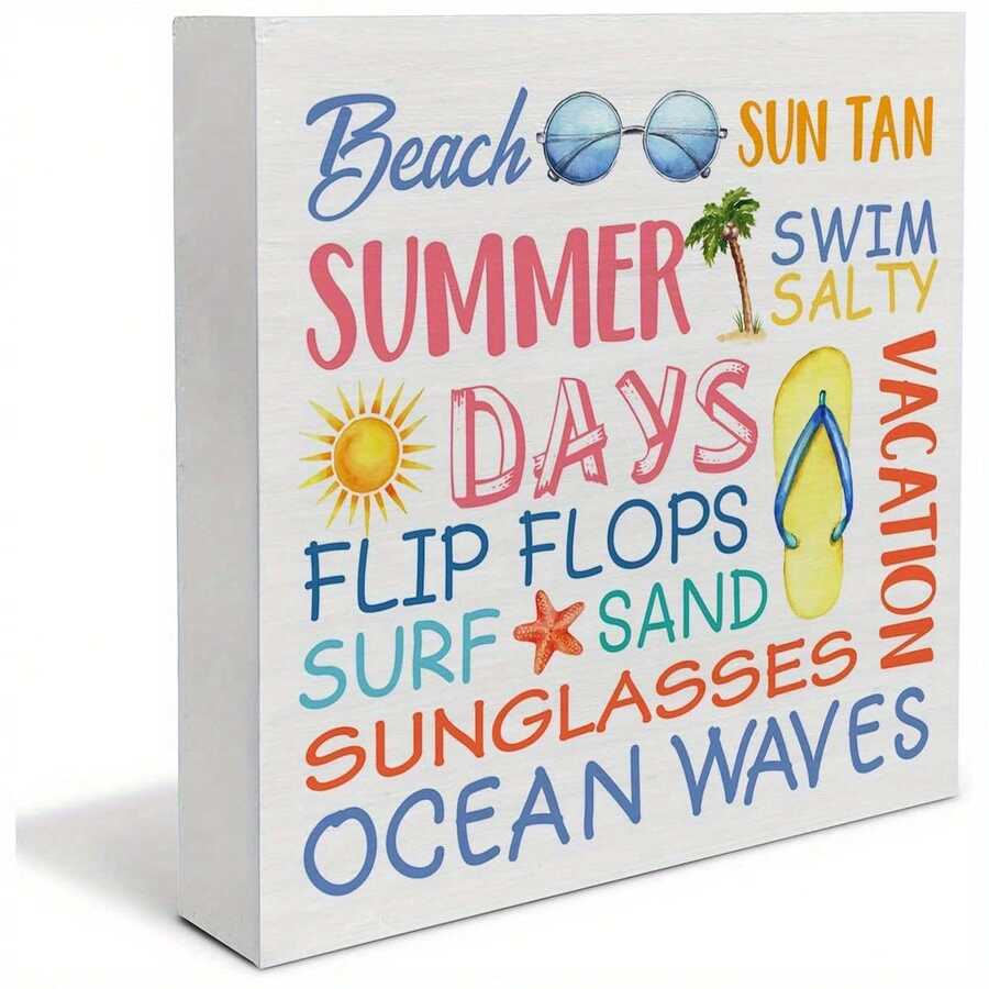 1pc 2D Flat Country Summer Wooden Box Sign - Horizontal Wall-Mounted Decor With Vibrant Beach & Surfboard Design, No Electricity Needed For Desk, Shelf, Or Coastal Home Decor - 白色 - 查看 1