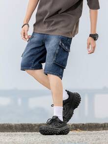 Teenage Boys' Casual Campus Fashion Straight Leg Denim Shorts, Versatile Streetwear - Medium Wash - View 7