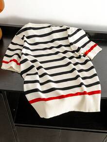 Contrast Stripe Ribbed Embroidery Casual Crew Neck Short Sleeve Knit Top - Champagne - View 2