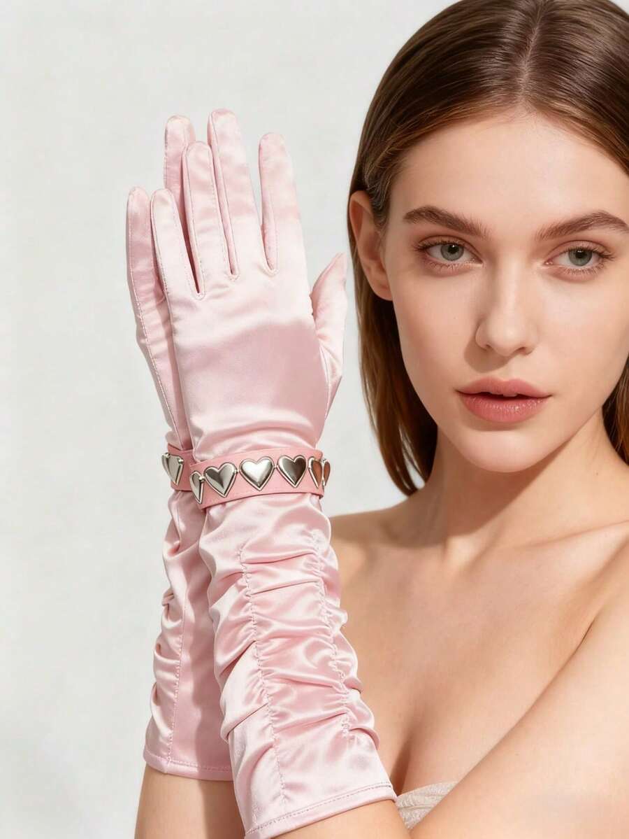 1 Pair Women's Pink Heart Satin Ruffle Long Gloves, Suitable For Dates, Weddings, Parties, Bridal Arm Sleeves