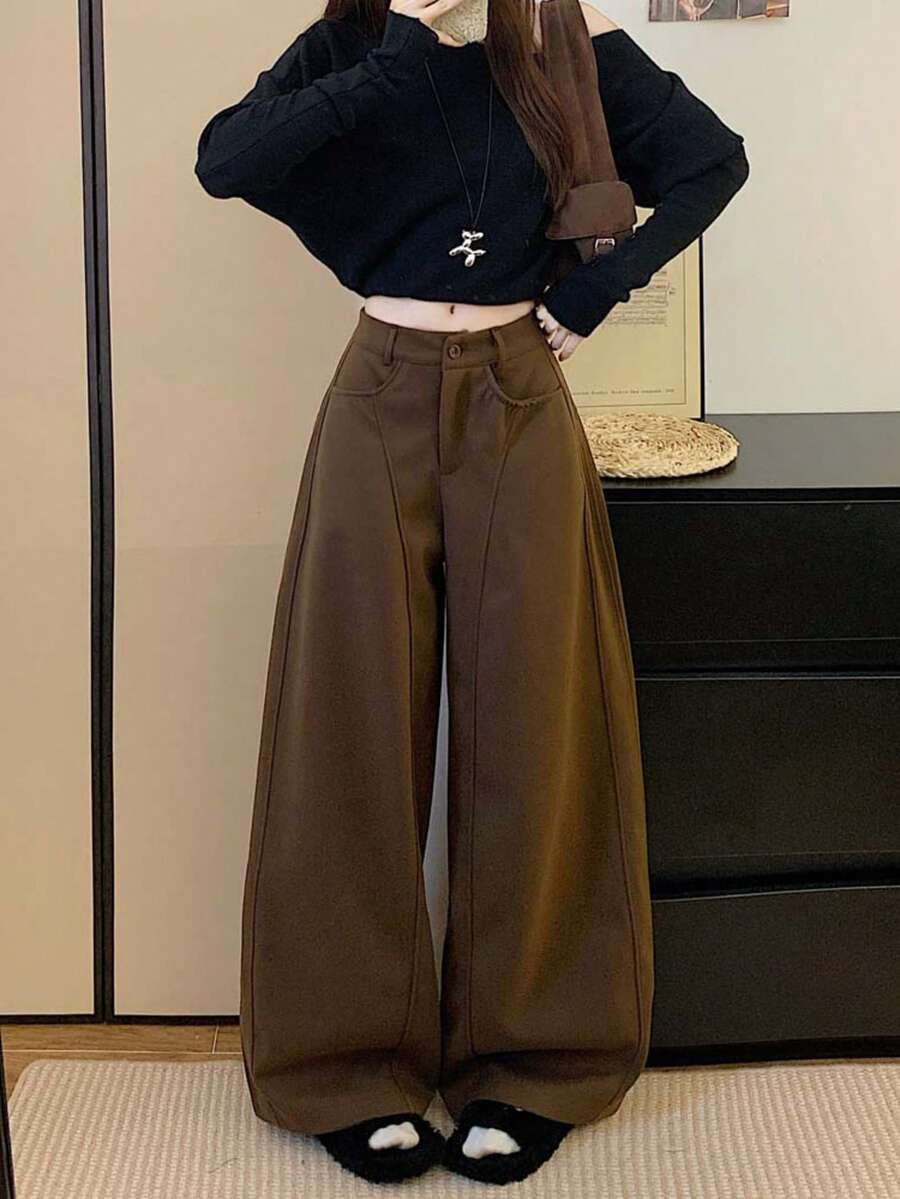 复古美式休闲羊毛直筒宽松阔腿裤，秋冬季百搭单品 - 咖色 - 查看 1