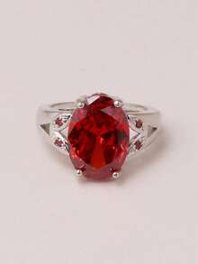 1 pieza Anillo de lujo chapado en cobre con oro blanco y piedra de cristal de circonia roja - Rojo - Ver 4
