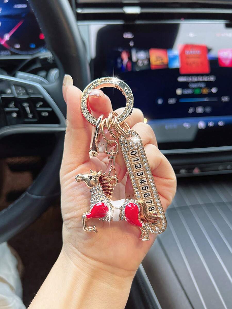 1pc Alloy Drip Oil Rhinestone Horse Shaped Phone Number Plate Car Key Chain - Horse - View 1