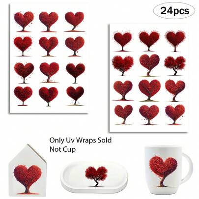 24pcs Heart Tree Valentine'S Day Stickers Themed UV DTF Waterproof & Scratch-Resistant Vinyl Decals For DIY Crafts, Cups, Bottles, Laptops, Home Decor, With Vibrant Heart Tree Designs Valentine'S Day Wall Removable, Holiday Decor Accessories, Holiday Graphic Designs