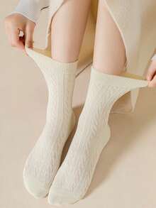 6 Pairs Cable Knit Socks For Women, Autumn/Winter Mid-Calf Socks, Versatile, High Aesthetic, Mori Style, Solid Color Knee High Socks - Multicolor - View 4