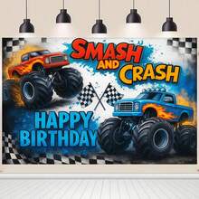 Telón de fondo para fiesta de cumpleaños con tema de monster truck, con una pancarta de monster truck estrellado, decorado con grandes banderas de carreras y texto "¡Aplastar/Feliz Cumpleaños!". Ideal para fiestas con tema de carreras, cumpleaños, carnavales, festivales, decoraciones del Carnaval de Colonia, mesas de pastel, fondos fotográficos y decoración única para fiestas de cumpleaños. - Multicolor - Ver 3