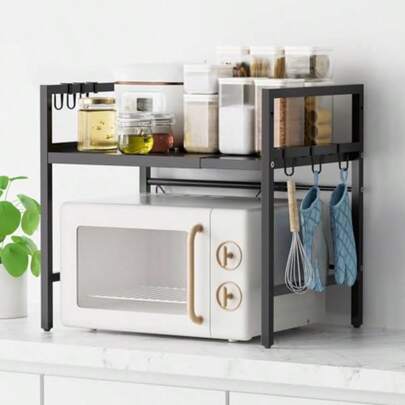 レンジラック トースターラック 伸縮式 幅42~62cm 高さ2段階調節 キッチンラック レンジ台 レンジボード 調味料棚 キッチン収納 レンジボード キッチンカウンター フック6枚付属 食器棚 省スペース おしゃれ 耐荷重30kg ホワイト