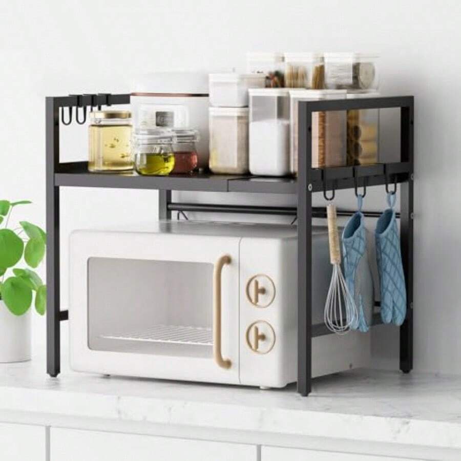 レンジラック トースターラック 伸縮式 幅42~62cm 高さ2段階調節 キッチンラック レンジ台 レンジボード 調味料棚 キッチン収納 レンジボード キッチンカウンター フック6枚付属 食器棚 省スペース おしゃれ 耐荷重30kg ホワイト - ブラック - チェックする 1