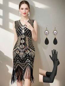 三件套闪亮礼服派对套装，金色、黑色和红色可选，20世纪20年代复古派对礼服，无袖V领亮片、串珠和流苏装饰蕾丝边正式礼服，女士派对套装包含耳环和手套（不含发带） - 彩色 - 查看 32