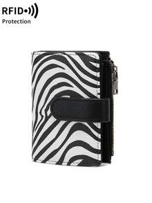 MIYIN 时尚复古女士短款钱包，多功能大容量三折信用卡夹，RFID 防盗刷钱包，适合日常使用，可装信用卡/身份证/硬币/现金/收据/照片，女士双拉链手拿包，适合日常购物，小巧便携，可作为礼物、生日礼物、周年纪念礼物。 - 黑與白 - 查看 3