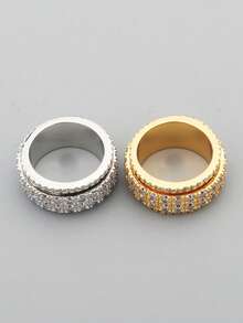 falinne 1pc S925 Sterling Silver Cubic Zirconia Rotatable Wide Band Ring, Luxurious Hiphop Style Pave Diamond Finger Ring, Suitable As Gift For Girlfriend - Wide Rotating Ring - View 2