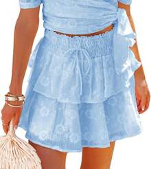 Flowy Shorts Women Casual Boho Ruffle Tiered Skorts Lace Skirts Coastal Country Concert Vacation Beach OutfitsA Valentine's Day PAQB - 淺藍色 - 查看 5