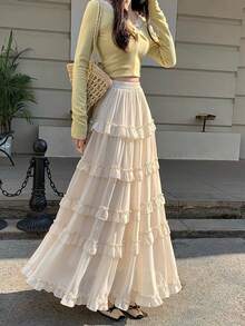 甜美雪纺荷叶边半身裙，高腰A字长裙，修身显瘦，2026春夏款 - 杏色 - 查看 6