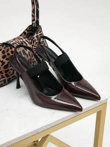 酒红色漆皮尖头露跟细高跟鞋，配有弹性踝带 - 适合办公室商务会议和晚宴约会的时尚亮面正装鞋 - 酒紅色 - 查看 7