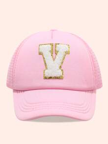 1顶粉色26字母印花网眼帽，儿童棒球帽，男女童遮阳帽，适合户外活动、日常佩戴，防晒 - 金標-粉紅海綿帽 - 查看 76