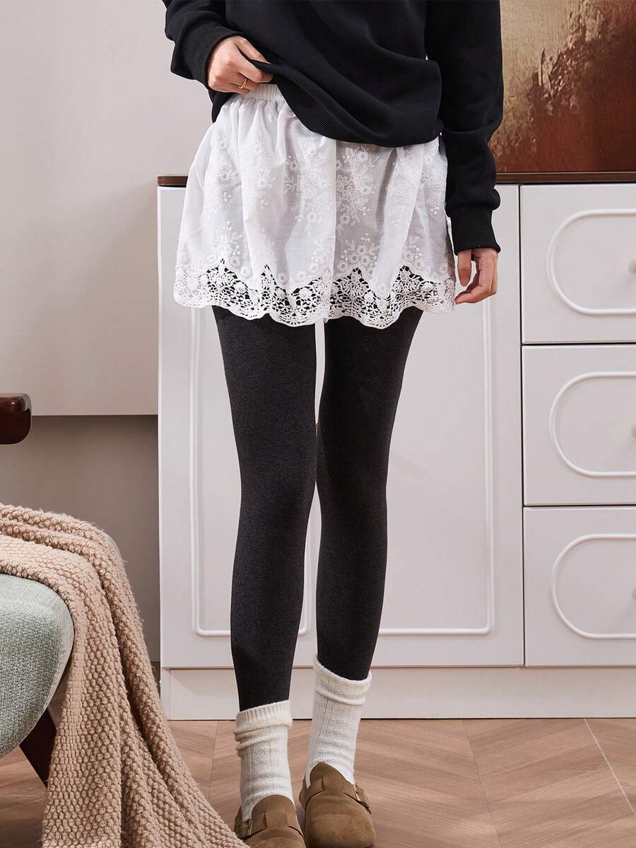 2 件/1 件 - 四季白色女士蕾丝边防透亚麻衬裙，叠穿卫衣式半身裙 - 白色 - 查看 1