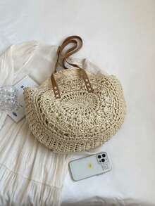 Bolso tejido clásico, bolso de playa redondo para mujer, bolso de paja para mujer, bolso bandolera, bolso de mano para mujer, esencial de playa, artículos de playa, equipo de playa y - Blanco - Ver 7