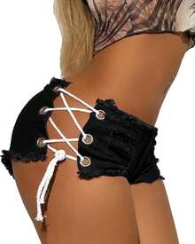 Jean Shorts Cut Off Jean Shorts Micro Shorts Short Shorts Women Lingerie Shorts Hot PantsA Valentine's Day PXXC - 黑色 - 查看 7