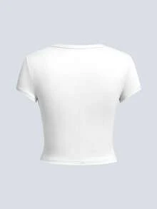 Summer New Simple Fashion Mantra Blue Whale Shark Print Y2K Casual Round Neck Short Sleeve Waist T-Shirt, Fashionable & Versatile Women Top - White - View 4