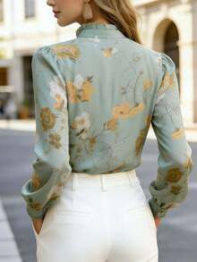 Áo kiểu nữ thanh lịch tay dài in hoa, cổ buộc dây và cổ bèo nhún, chất liệu vải dệt, cài nút, thích hợp cho kỳ nghỉ xuân. - màu xanh nhạt - Xem 3