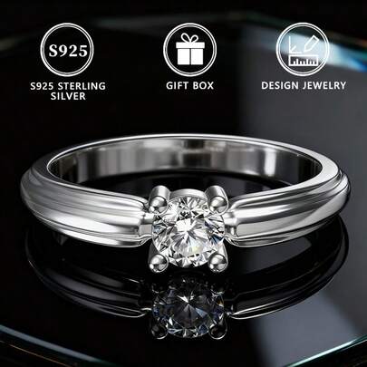 925纯银戒指，优雅单石设计，镶嵌闪亮立方氧化锆，高品质周年纪念/生日礼物，送给挚爱之人