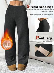 Women's High Waist Fleece Wide Leg Pants - Solid Color, Soft Brushed Comfortable Loose Fit, Warm Design, Casual Pants For Autumn/Winter, Outdoor Versatile Straight Leg Trousers With Elastic Waistband - Dark Grey - View 3